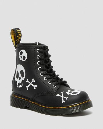 Dětské Šněrovací Boty Dr Martens Toddler 1460 Skull & Bones Læder Černé Bílé | CZ 120VRW